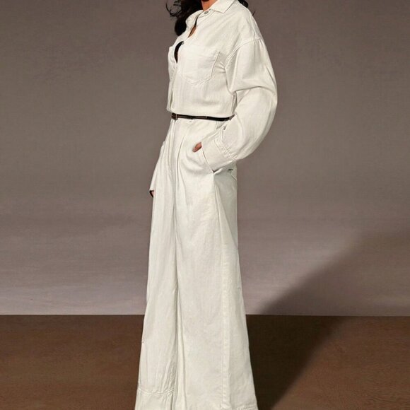 Pants - White Casual Womens Wide Leg Denim Jumpsuit